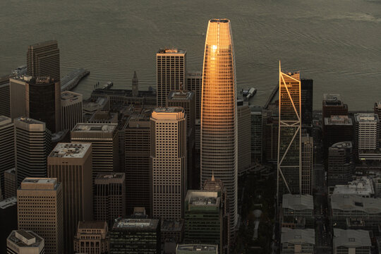 Aerial view of Salesforce Tower catches the golden light amid the city's other skyscrapers, casting long shadows over the urban landscape, San Francisco, California, United States.