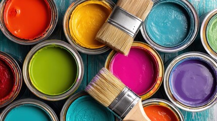Fototapeta premium Colorful paint cans brushes