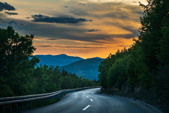 Sunset on mountain road next to the Pirot in Serbia