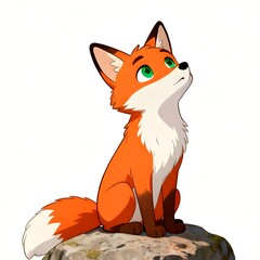 Obraz premium Cute Cartoon Fox Sitting on a Rock