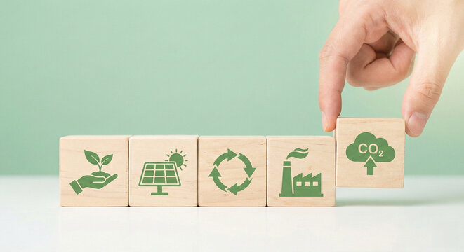 A symbolic environmental conservation concept, showcasing a hand carefully placing a block depicting CO2 emission, surrounded by other blocks representing eco-friendly initiatives.