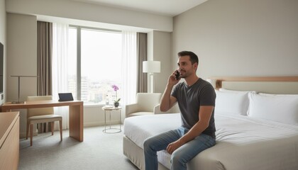 Obraz premium Man ordering room service on hotel phone sitting on bed with minimal interior and daylight mood