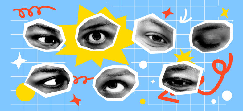 Halftone vector collage eyes retro style. Graphic elements geometric shapes on a grid background. Photo conveys emotion, observation. Podcasts, editorial covers, social media graphics, web design.