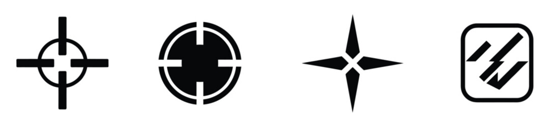 Obraz premium Crosshair vector icons set featuring black targeting symbols, aim and focus designs, perfect for precision, accuracy, gaming interfaces, navigation, shooting sports, and modern vector illustration