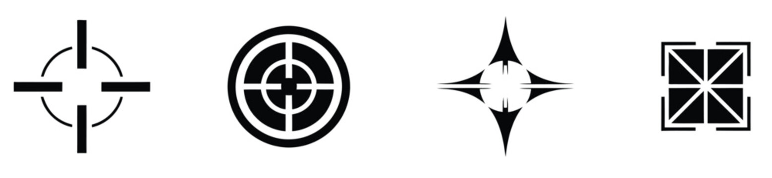 Targeting and crosshair vector icon set in black, including aim and focus symbols, ideal for precision graphics, gaming design, tactical interfaces, navigation tools, and vector illustration projects.