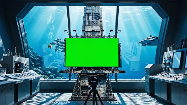 A video of a futuristic underwater laboratory with a green screen on transparent background