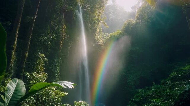 Tropical Waterfall in Lush Rainforest with Sun Rays and Mist