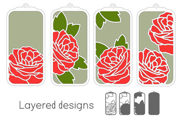 Set of decorative roses bookmark, Flowers gift tags, Layered svg for cutting