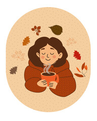Giovane ragazza che si gode una bevanda calda in un'atmosfera autunnale. 