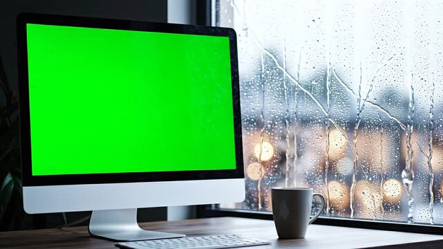 A video of a computer monitor with a green screen on a desk by a rainy window