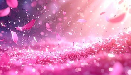 Flying pink flower petals with sparkling bokeh　舞い散るピンクの花びらと輝くボケ光沢背景