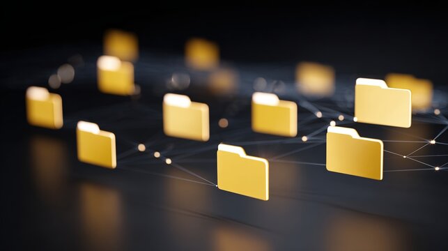 Abstract network of yellow folders on a black background