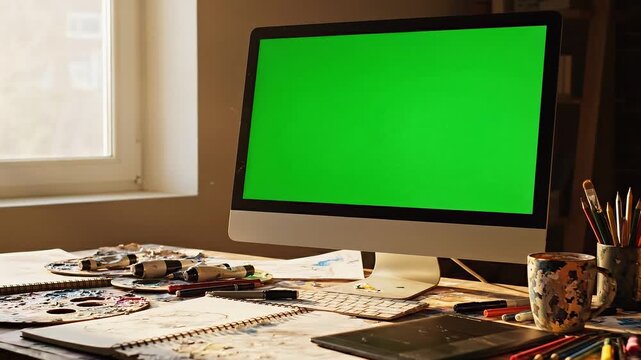 A video of a computer monitor with a green screen on a cluttered desk in front of a window on transparent background