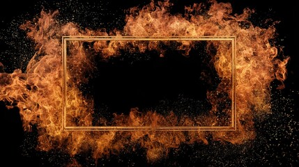 Fiery frame with explosive flames and sparks on black background
