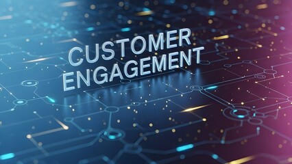 Three dimensional glowing customer engagement text on an abstract blue and purple digital technology background