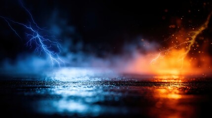 Electric blue and fiery orange lightning in misty night scene