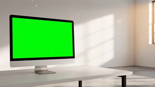 A video of a green screen computer monitor on a desk in a bright room on transparent background