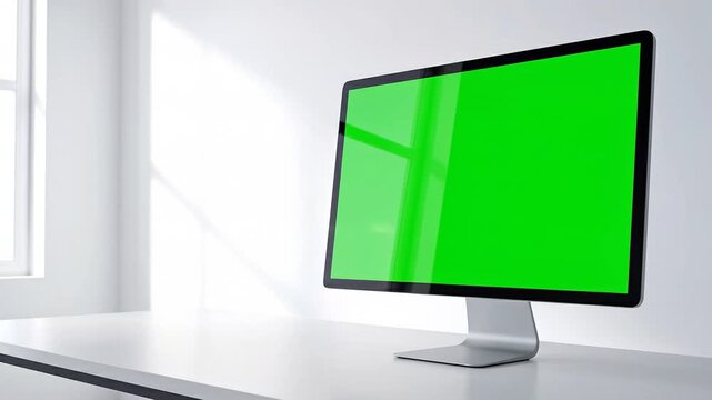 A video of a green screen computer monitor on a desk in a bright room on transparent background