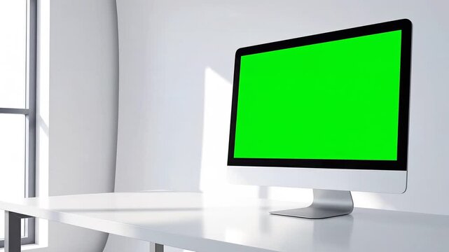 A video of a green screen computer monitor on a white desk in a bright room on transparent background