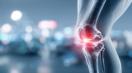 Close-up of human knee with joint pain highlighted in red light