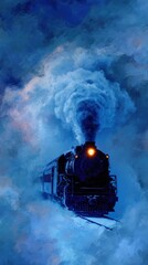 Majestic steam train erupts through mystical blue mist in winter landscape