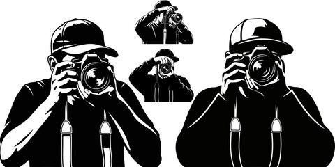 Silhouette collection of professional photographers capturing moments with digital slr cameras against a stark black background representing media