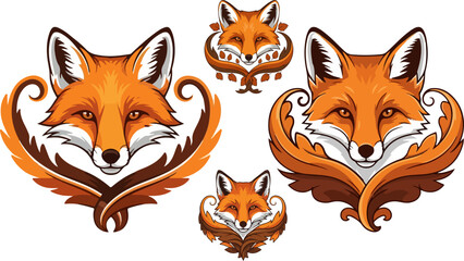 Obraz premium Collection of ornate vector illustrations featuring four distinct stylized fox heads adorned with elegant baroque scrollwork designs for decorative use
