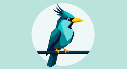 Fototapeta premium Stylized graphic design illustration of a vibrant blue crested bird perched calmly upon a dark horizontal branch against a soft circular background.