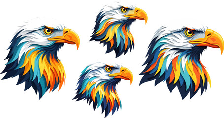 Fototapeta premium Four stylized illustrations of majestic bald eagle heads featuring vibrant blue yellow and orange feather accents showcase fierce predatory bird profiles