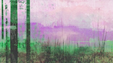 Abstract pastel forest scene with trees and grassy field in green and purple hues