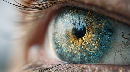 Close-up of human eye with futuristic digital interface design elements