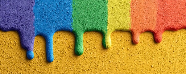 Colorful dripping rainbow paint on textured wall surface