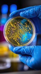 Gloved hands holding bacterial culture in petri dish with colorful laboratory background