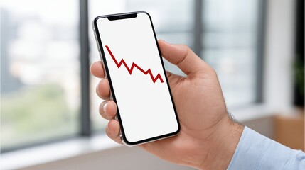 Male hand holding smartphone with downward red graph indoors