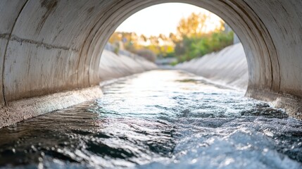 Sunlit water flowing through concrete tunnel at dusk