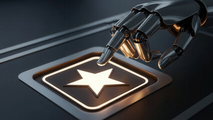 Robotic hand interacting with glowing star button on dark background