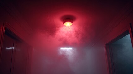 Red light and smoke in mysterious corridor with closed doors