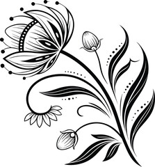 Black and white floral design element with leaves and decorative pattern