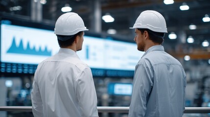 Two male engineers in hard hats analyzing data in industrial control room