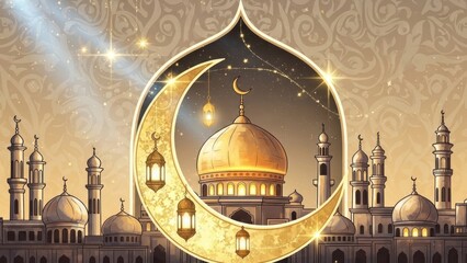 Fototapeta premium Islamic architecture illustration with crescent moon and mosque domes design