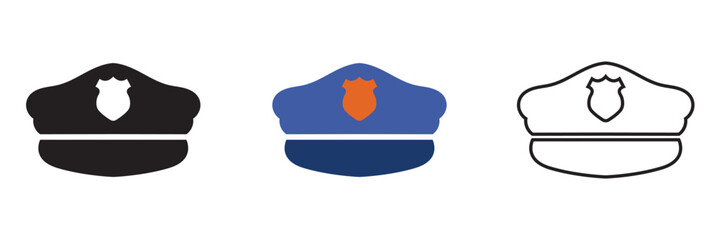 Police Hat Icon Variations Set. Minimal police hat icons in black, blue colour and outline styles, symbolizing law enforcement, authority, security and official uniform design elements.

