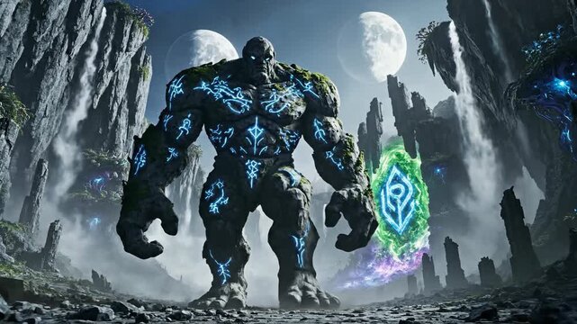 Stone giant with glowing runes stands in a misty landscape with waterfalls and floating rocks under a full moon