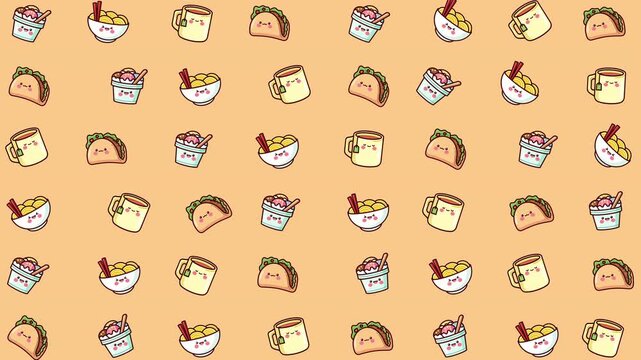 Repeating pattern of tacos cups and ramen bowls. Perfect for restaurant menus, food blogs, or culinarythemed designs. Yummy.