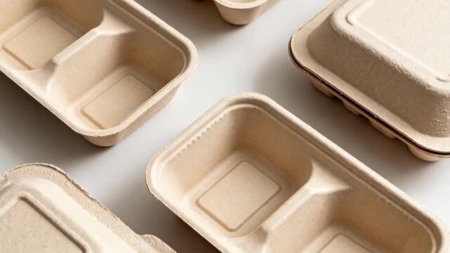 Medium shot of biobased compostable frozen food trays showcasing durable molded fiber texture emphasizing ecofriendly design for sustainable cold storage solutions.