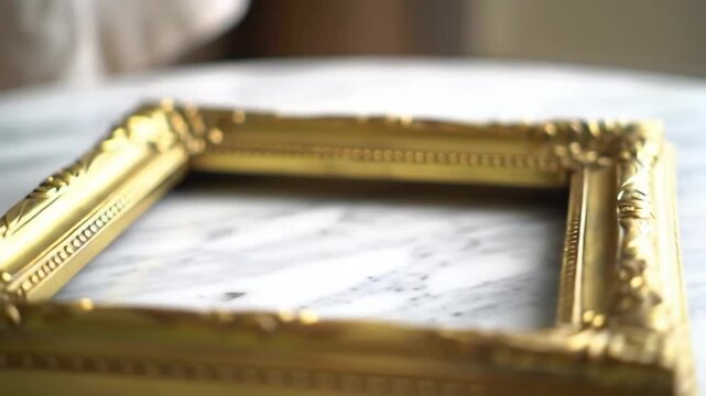 Elegant golden picture frame with ornate details resting on a marble surface.