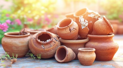 A collection of antique cracked terracotta clay pots scattered outdoors with sunlight filtering through a blurred background