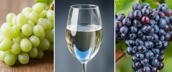 Fototapeta premium Glass of white wine with grapes, composition on gray and wooden background