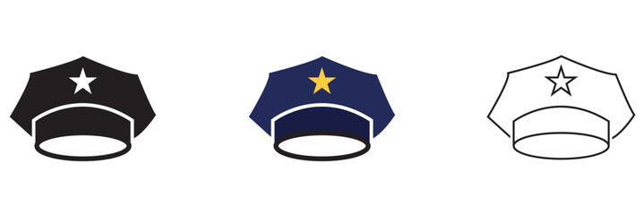 Police Hat Icon Variations Set. Minimal police hat icons in black, blue colour and outline styles, symbolizing law enforcement, authority, security and official uniform design elements.

