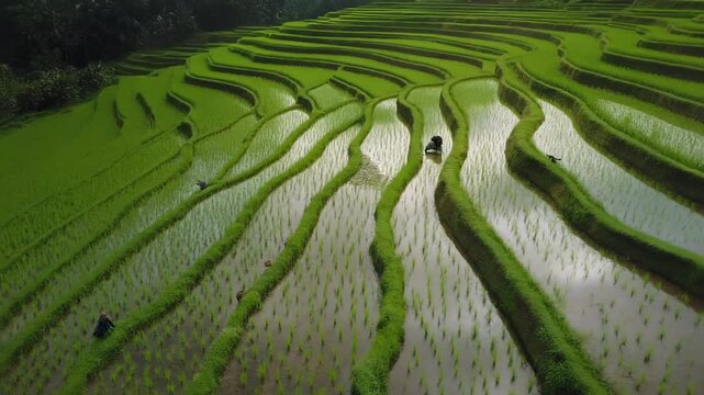 Aerial View of Green Rice Terraces in Tropical Landscape