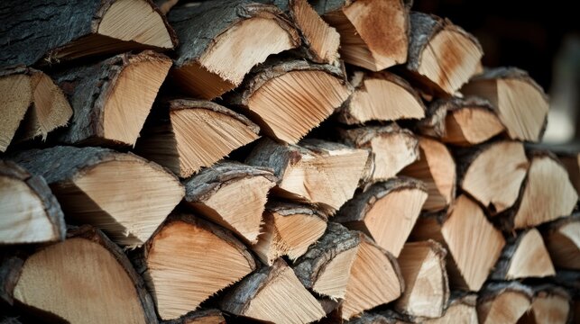A close up view of a large stack of dry brittle and cracked firewood logs piled up for fuel